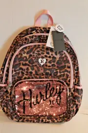 Girl's Hurley Flip-Sequin Pink & Brown Animal Leopard Print School Backpack NEW