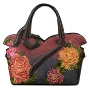 Leather Bags For Women Top Handle Retro Flower Pattern Handbags-Purple