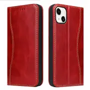 For iPhone 15 Plus Case Fierre Shann Genuine Cowhide Leather Wallet Cover Red