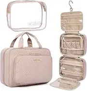 [bagsmart] Toiletry Bag Hanging Travel Makeup Organizer with TSA Approved Transparent Cosmetic Bag Makeup Bag for Full Sized Toiletries (Pink, Large)