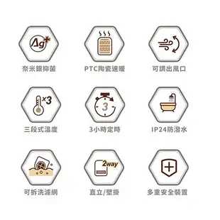 SAMPO聲寶 可壁掛陶瓷防水 浴室/臥房兩用奈米銀抑菌電暖器/電暖爐 HX-FK12P