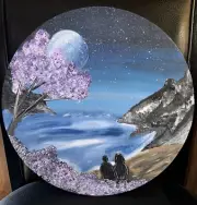 Hand Painted Circular Canvas Summer Beach Moonlight Silhouette 16” Diameter