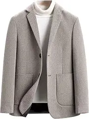 [Gsywaipei] Men's Wool Blend Blazer Coat Notch Lapel 2 Button Suit Woolen Jacket Classic Fit Casual Business Suits Coats, Khaki, X-Large