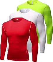 [Queerier] 3 Pack Cool Dry Compression Shirts for Men Long Sleeve Baselayer Tops Running Workout T Shirt
