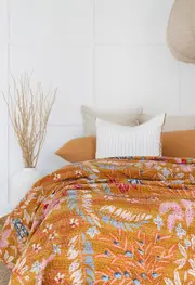 Kantha Quilt Indian Quilt Block Print Quilt Bedspread Bohemian Boho Cotton Throw Quilt Handmade Blanket Doona King Size 032