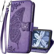 [KRHGEIK] for iPhone 12 Pro/iPhone 12 Wallet Case,Women Flip Folio Cover with Butterfly Embossed PU Leather Kickstand Credit Card Holder Slots Wrist Strap for iPhone 12/12 Pro 6.1 inch (Purple)