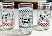 Vintage Libbey Cow Red White Heart & Blue Checkered Drinking Glasses Set Of (3)