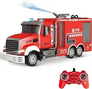 QuirkyGlee 11 CH Remote Control Fire Truck, Rc Fire Truck Toy, Fire Truck with Rotating Water Spraying Pump and Lights Sounds, 2.4G Firetruck Toy for Kids Boys