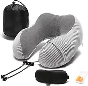 [TOMVAES] Travel Pillow, Upgraded Travel Neck Pillow for Airplane 100% Pure Memory Foam Travel Pillow for Flight Headrest Sleep, Portable Plane Accessories, Light Grey (Grey)