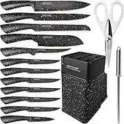 Knife Block Set,15 Pcs Kitchen Knives Set with Holder,Professional Japanese Chef Knife Set,Stainless Steel Carving Slicing Paring Bread Knife,Steak Knives,Resin Handle,Black Color