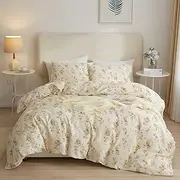 VM VOUGEMARKET 3 Pieces Cotton Duvet Cover Set Queen Yellow Floral Bedding Set,Rose Flower Comforter Cover with Zipper Closure,Elegant Country Style Home Bedding 90x90