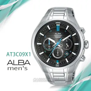 CASIO時計屋 ALBA 雅柏手錶 AT3C09X1 三眼計時男錶 不鏽鋼錶帶 漸層黑 防水100米 日期顯示 分段時