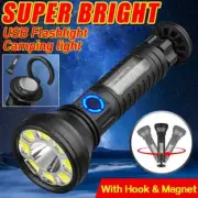 LED+COB Flashlight USB Searchlight Hook Camping Torch Outdoor Spotlight Lanter