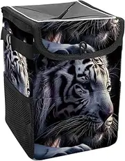Car Trash Can with Lid and Storage Pockets Leak-Proof Organizer,Waterproof Garbage Can,Forest White Tiger