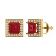 2.3 Princess Cut Round Cut Halo Pink Tourmaline Stud Earrings 14k Yellow Gold