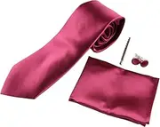 [Zasel] Mens Maroon Matching Neck Tie, Pocket Square, Cuff Links And Tie Clip Set
