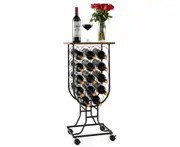 14 Bottles Wine Rack Console Table Freestanding Wine Storage w/ Woodtop & Wheels