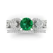 2 Round Cut Pear 3 stone Emerald Stone Ring Band bridal Set 14k solid Gold