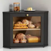 Corner Bread Box for Kitchen Countertop Black Bread Storage Container Bamboo