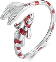 [BABAMIA] 925 Sterling Silver Adjustable Rings For Women Trendy Elegant Unique Open Koi fish Ring Leaf Ring for Women Girls Jewelry Gift