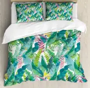 Leaf Duvet Cover Set with Pillow Shams Flowers Plumeria Lilacs Print