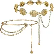 [HZHSGLY] 2 Pcs Gold Chain Belt, Western Metal Concho Gold Belt Women, Adjustable Vintage Boho Cowgirl Waist Chain, One Size, alloy