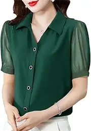 [Generic] Women Summer Chiffon Shirt Short Sleeve Gauze Loose Lapel Cardigan Elegant Ice Silk Blouses