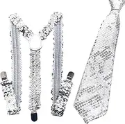[ESOMAVRIX] Fashionable Suspenders Neck Tie Set Sequins Brace with Adjustable Straps and Metal Clip for Formal Occasion Stage Shows/667