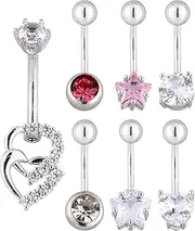 Taouzi Cute Pink Heart Belly Rings Dangle Belly Button Ring for Women 316L Stainless Steel Belly Button Piercing Pack with Heart Bow Butterfly Flower Elements 14G