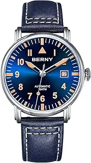[BERNY] Mechanical Automatic Watch for Men Self Winding Leather Strap Classic Pilot Wristwatches Waterproof 10ATM Sapphire Glass Scratch Resistant Super Luminous