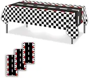 OQOQ Checkered Racing Track Tablecloth(3 Pack,Black White Checkered) - 54x108 Inches Cars Birthday Decorations Table Cloth Race Theme Party Disposable Plastic Table Cover Party Supplies