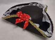 Womens Black Pirate Tri-Corner Hat w/ Ruffled White Trim, Gold Trim & Red Bow