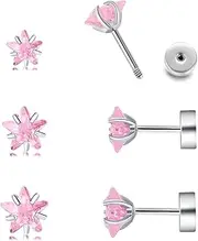 [Purbeaut] 3 Pairs Flat Back Stud Earrings Set, Hypoallergenic Surgical Steel Earrings Cubic Zirconia Earrings Studs Opal Earrings Screw Back Earrings for Women Men 3-5mm Gold/Silver