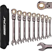9-Piece Flex-Head Ratcheting Combination Wrench Set Metric 8-19mm Premium 72-Teeth Gear Chrome Vanadium Nickel Plated with Organizer Bag