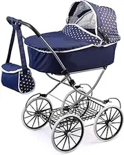 Bayer Classic Deluxe Doll Pram, Dark Blue with White Hearts Print