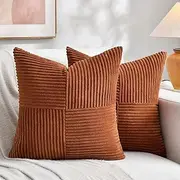Fancy Homi 2 Packs Rust Euro Decorative Throw Pillow Covers 26x26 Inch for Bedroom Bed, Farmhouse Boho Home Decor, Soft Corss Corduroy Patchwork Textured Square Terracotta Cushion Case 66x66 cm