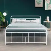 Country Style Bed Frame Double Size Mattress Platform Metal Tube Slat Base White
