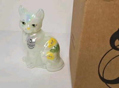 Stunning Fenton Opalescent Glass Cat Hand Painted, Signed D Cutshaw