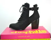 CHARLOTTE RUSSE Women's Cutout Block Cuban Heel Black PU Lace-Up Ankle Bootie