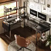 NEW Gaming Desk LED Lights & Power Outlets Computer Desk Storage Shelves