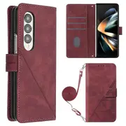 Yb Imprinting Series-2 For Samsung Galaxy Z Fold4 5g Business Pu Leather Cover Imprinted Lines Wallet Style Flip Stand Phone Case With Shoulder Strap