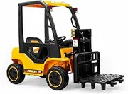 KIDBOT 12V Electric Forklift RC Car Vehicle Off Road Truck, Kid Ride-On Car with Remote Control & Liftable Forks & Pallet & Safety Belt, LED Light & Built-in MP3 Player, for 3-7 Years Old Kids, Black