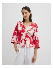 [Country Road] Organically Grown Cotton Print 3/4 Sleeve Linen Shirt in Fiesta Swirl Geo