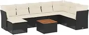 vidaxl 9 Piece Black Poly Rattan Garden Sofa Set w/Cushions - Modular Patio Lounge Furniture w/Storage & Acacia Table