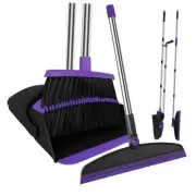Broom with Dustpan Combo Set and Silicone Air Broom Kit, 51" Long Handle Purple