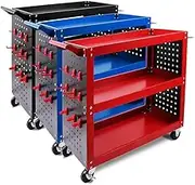 HORUSDY 3-Tier Tool Storage Trolley, Workshop Steel Cart Mechanic Swivel Lock Wheel with Pegboard, Hooks and Screwdriver Holder (RED)