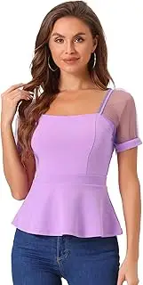 [Allegra K] Women's Square Neck Mesh Sheer Sleeve Peplum Tops