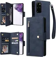 for Samsung S20 Ultra Case,for Galaxy S20 Ultra 5G Wallet Case[6 Card Slots and 1 Zipper Coin Pocket] PU Leather Stand Flip Cover with Wrist Strap[6.9 inch]-Blue