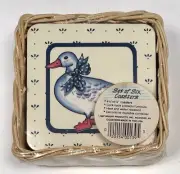 VTG 1987 Bright Products Set 6 Duck COASTERS 4" w/ Basket Holder Cottage NIP NEW