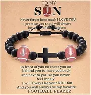 [Rofusn] Football Basketball Baseball Beaded Bracelet: Adjustable Natural Stone Beads Cross Charm Sport Bracelets Gifts for Teenage Boys Players Team To My Son Birthday Graduation Christmas